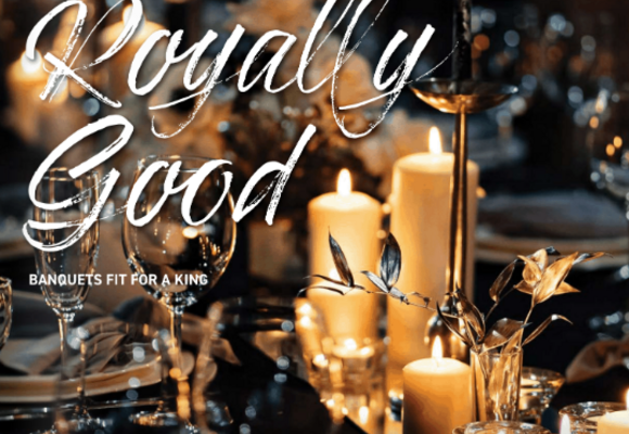 Magazine cover of banquet table with candles