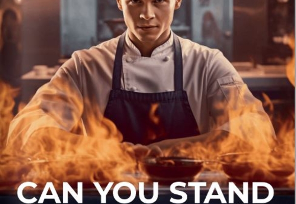 Picture of front cover of magazine showing a chef with some flames and text reading can you stand the heat