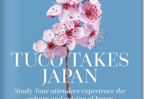 picture of cherry blossom on a background of blue, spelling out tuco takes japan